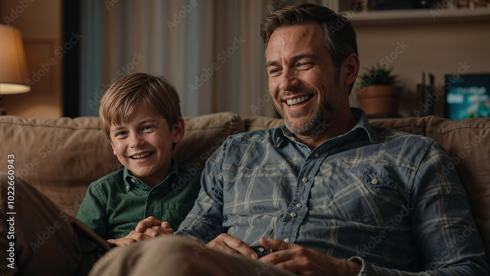 Happy father and young son laughing together while relaxing on the couch at home Happy father and young son laughing together while relaxing on the couch at home