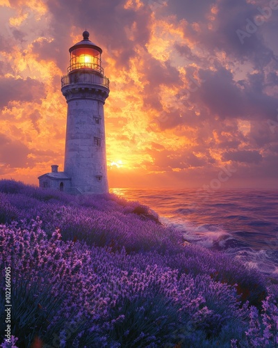 A serene lighthouse stands amid vibrant lavender fields as the sun sets, casting a purple glow over the tranquil sea.