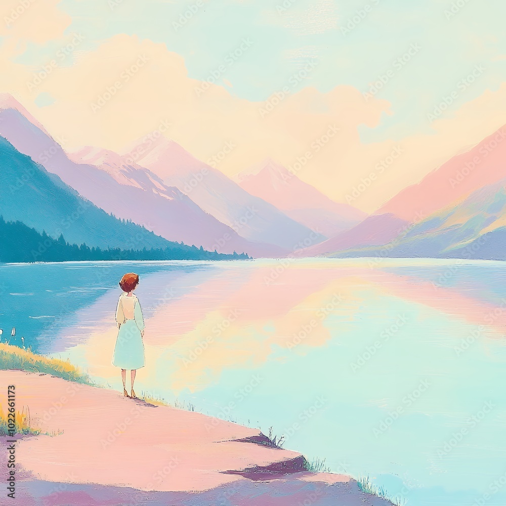 Naklejka premium Illustration of a woman standing by a serene lake surrounded by pastel-colored mountains under a soft sky. Peaceful landscape and solitude concept.
