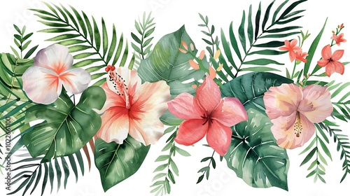 Vibrant Hibiscus Flower with Green Leaves Illustration - Illustrated image of a vibrant hibiscus flower with green leaves. Ideal for tropical themes, nature-inspired designs, and botanical projects.