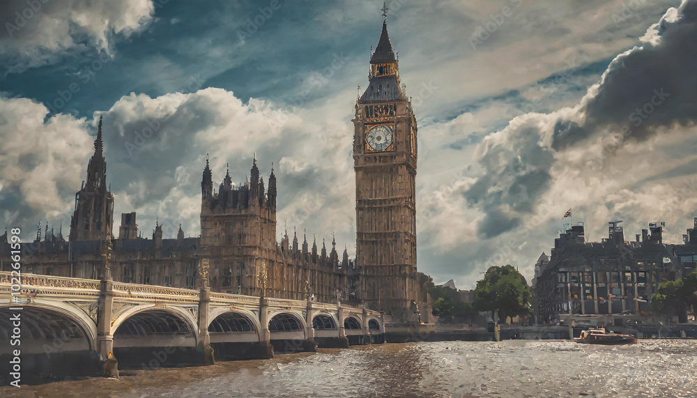 Naklejka premium Towering Big Ben overseeing the River Thames as clouds loom over London in the late afternoon light