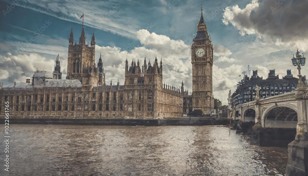 The iconic Houses of Parliament and Big Ben shining under a dramatic sky in London by the River Thames during late afternoon The iconic Houses of Parliament and Big Ben shining under a dramatic sky in London by the River Thames during late afternoon