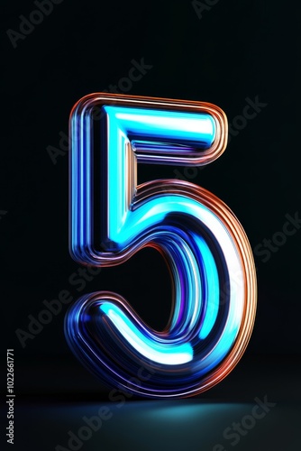 A sleek 3D rendition of the number 5 with a smooth futuristic design and glowing neon blue edges, floating against a dark background with subtle digital wave patterns, without shadows.