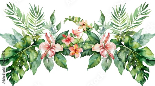 Vibrant Hibiscus Flower with Green Leaves Illustration - Illustrated image of a vibrant hibiscus flower with green leaves. Ideal for tropical themes, nature-inspired designs, and botanical projects.