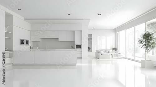 Wallpaper Mural A Minimalist White Kitchen and Living Room Interior Design with a View to a Lush Green Garden Torontodigital.ca