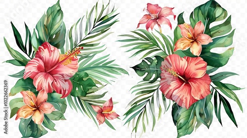 Vibrant Hibiscus Flower with Green Leaves Illustration - Illustrated image of a vibrant hibiscus flower with green leaves. Ideal for tropical themes, nature-inspired designs, and botanical projects.