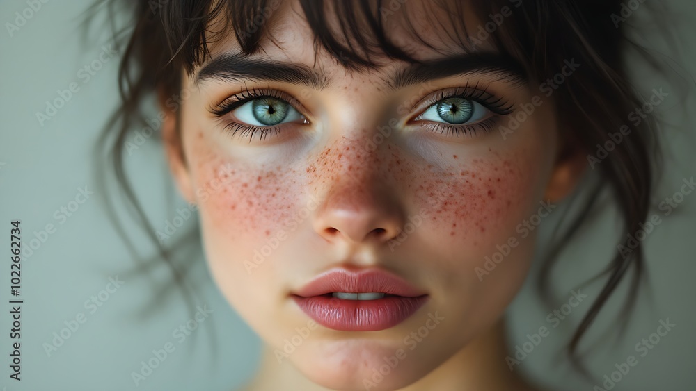 Fototapeta premium A captivating portrait of a young woman with striking blue eyes and freckles, exuding natural beauty and charm