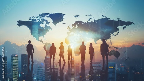 Obraz na płótnie Global communication network concept with interconnected business nodes and human resources collaboration across worldwide platforms. w salonie