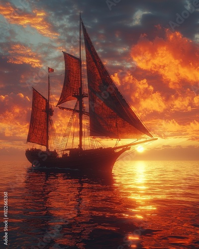 A majestic wooden sailing ship against a vibrant sunset, reflecting golden hues on calm waters.