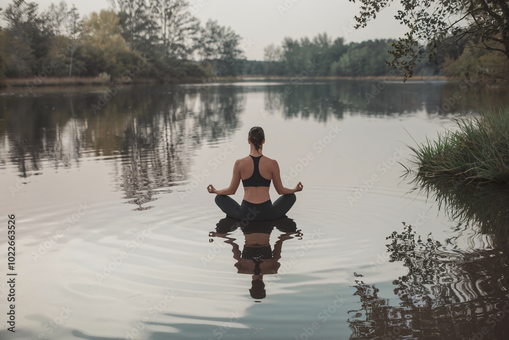 Serene Yoga by the Lake: A woman finds inner peace and tranquility while practicing yoga in a calm lake, surrounded by the serene beauty of nature. Her reflection mirrors her serenity. Serene Yoga by the Lake: A woman finds inner peace and tranquility while practicing yoga in a calm lake, surrounded by the serene beauty of nature. Her reflection mirrors her serenity.