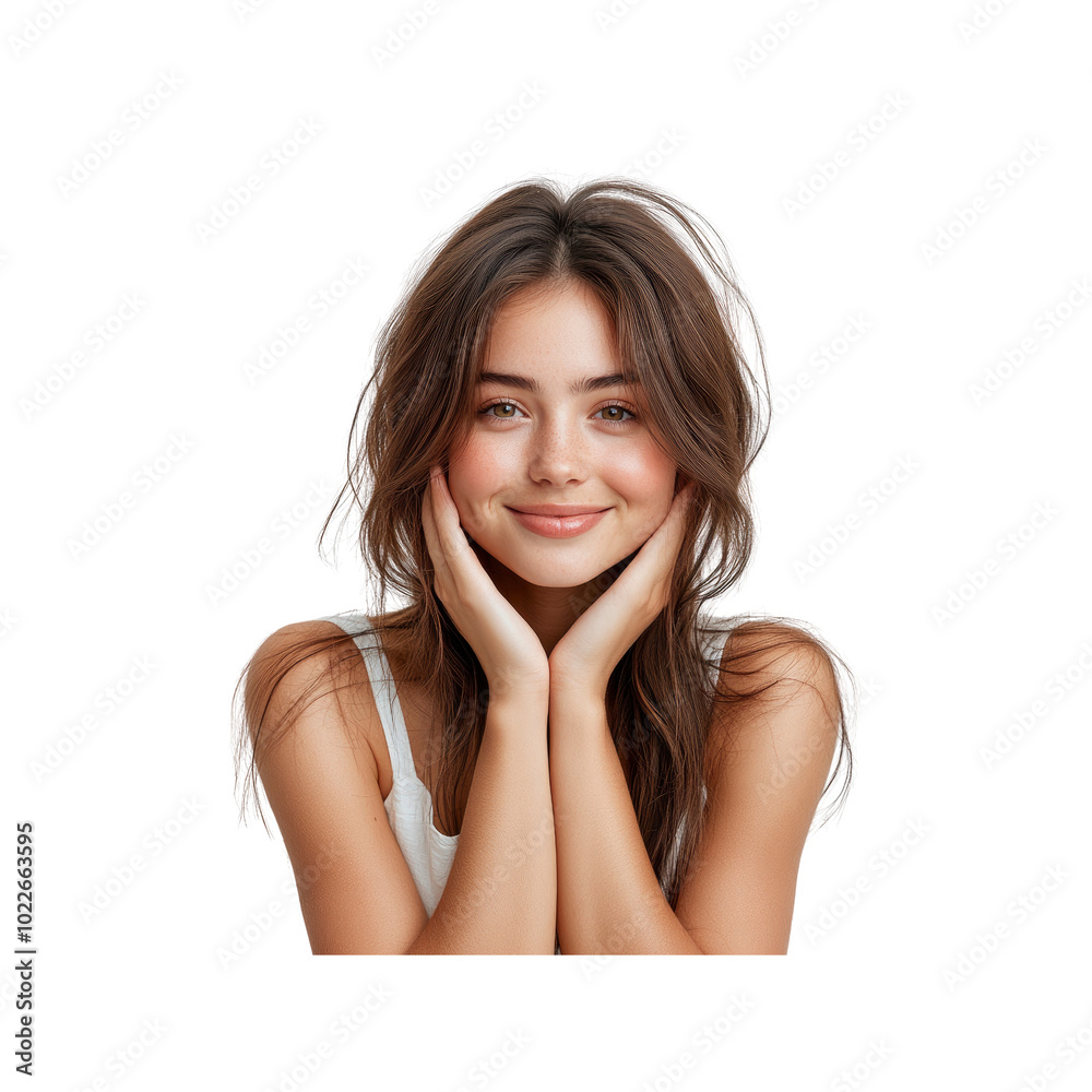 Portrait of a beautiful young woman with long brown hair smiling Portrait of a beautiful young woman with long brown hair smiling