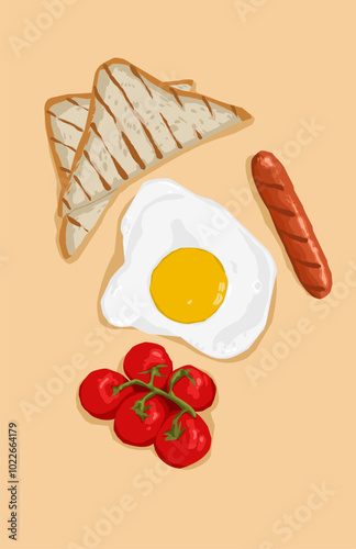 illustration of fried eggs Toasted white bread. sausage and tomato for breakfast