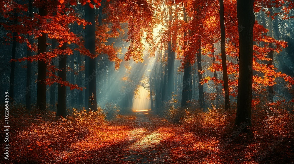 Fototapeta premium Sunbeams Illuminating a Path Through a Forest of Autumnal Trees