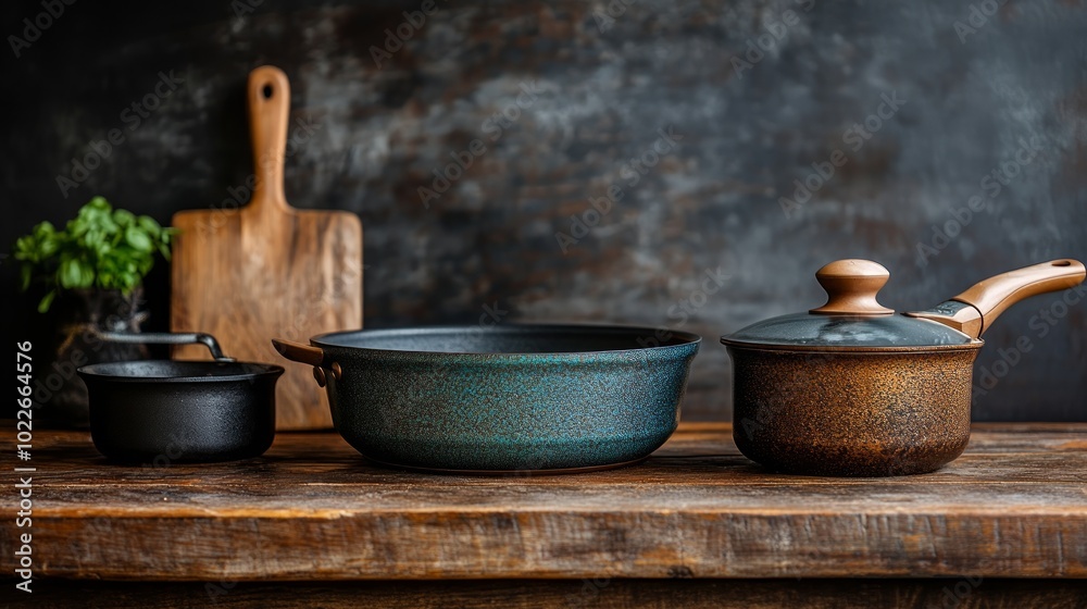 A rustic kitchen countertop with a blue, brown, and black pot on a wooden table. A rustic kitchen countertop with a blue, brown, and black pot on a wooden table.