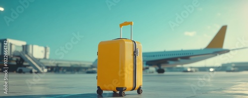 Yellow suitcase on airport tarmac with airplane in the background.