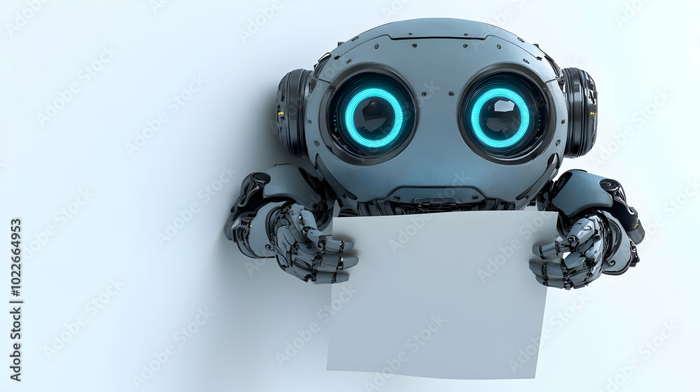 A Futuristic Robot Holding a Blank Sign, A Metalic 3D Illustration of Artificial Intelligence in a White Background A Futuristic Robot Holding a Blank Sign, A Metalic 3D Illustration of Artificial Intelligence in a White Background