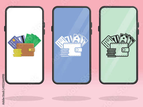 Smartphone Wallet Money Stacks Credit Cards