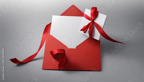 Wallpaper Mural A red envelope with a white card and ribbon sits elegantly on a smooth gray surface, perfect for special occasions and celebrations Torontodigital.ca