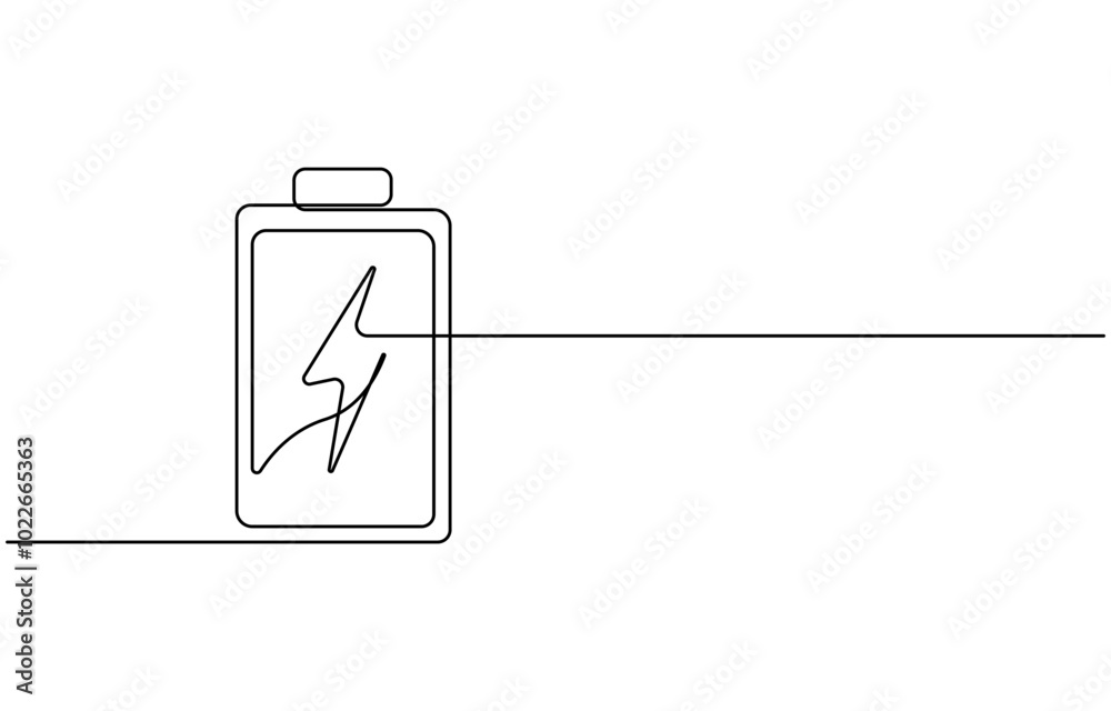 One continuous line drawing of battery charging. Lightning bolt symbol and electricity energy type sign in simple linear style. Editable stroke, One line drawing of battery full of charge. One continuous line drawing of battery charging. Lightning bolt symbol and electricity energy type sign in simple linear style. Editable stroke, One line drawing of battery full of charge.