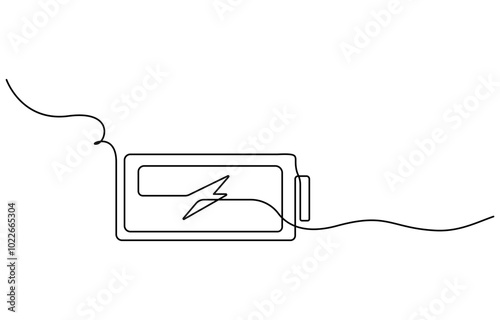 One continuous line drawing of battery charging. Lightning bolt symbol and electricity energy type sign in simple linear style. Editable stroke, One line drawing of battery full of charge.