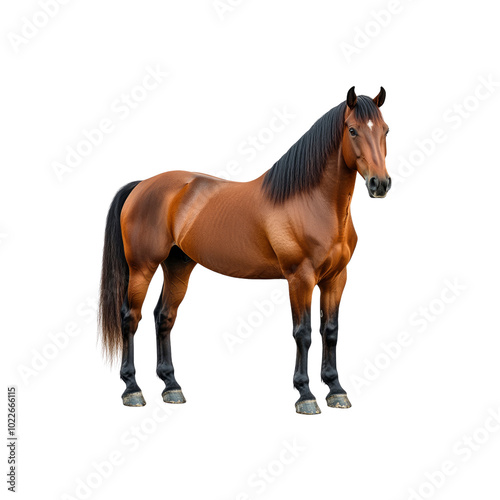 Chestnut Horse with Black Mane and Legs Standing on a White Background