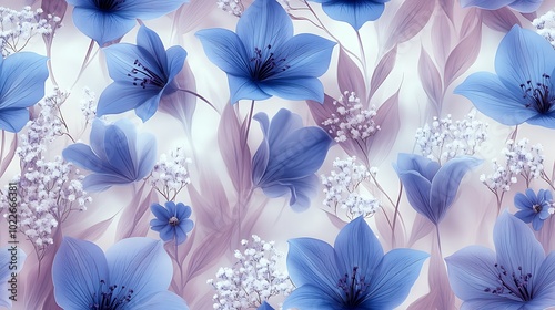 Seamless floral pattern of bluebells and baby’s breath, pastel blue and lavender tones, flowing petals and leaves, hd quality, delicate shading, soft shadows, glowing light, smooth pastel background.