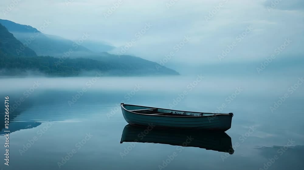 Serene Boat Floating on Misty Lake with Mountainous Backdrop Serene Boat Floating on Misty Lake with Mountainous Backdrop