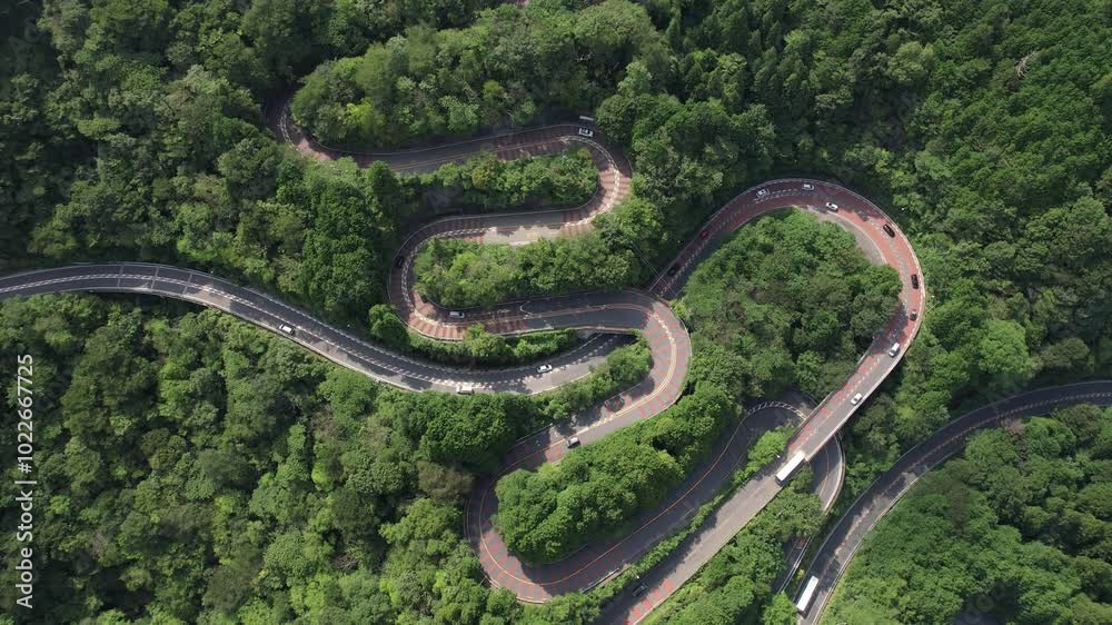 Aerial view of a winding mountain road in Fuji-Hakone Izu National Park, Japan