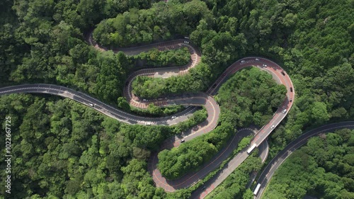 Aerial view of a winding mountain road in Fuji-Hakone Izu National Park, Japan