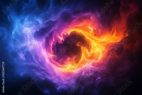 Abstract swirling blue and orange smoke with a black hole in the center.