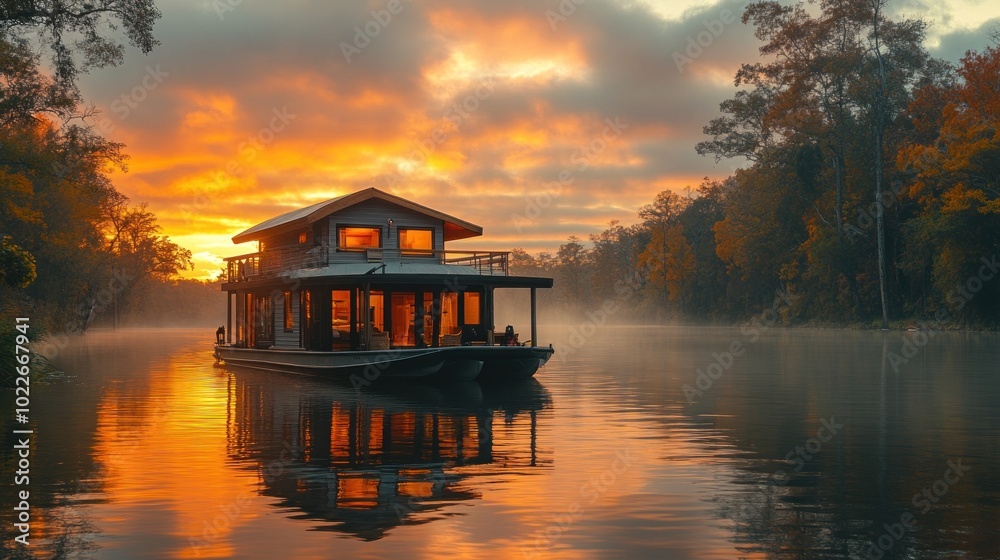 Fototapeta premium A serene houseboat at sunset reflecting on calm waters.