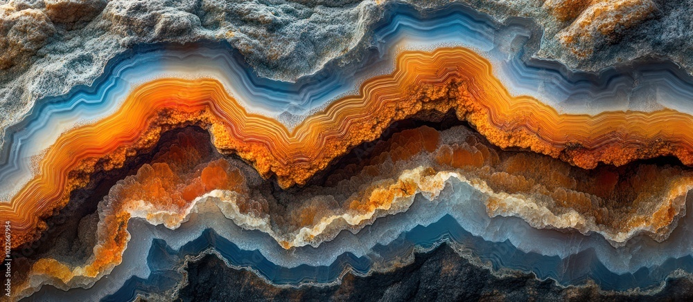 Close-up of agate stone with layers of orange, blue, and white colors creating a natural abstract pattern. Close-up of agate stone with layers of orange, blue, and white colors creating a natural abstract pattern.