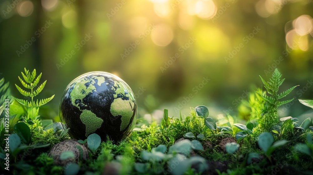 A small globe sits on a bed of moss in a lush green forest with sunlight shining through the leaves. A small globe sits on a bed of moss in a lush green forest with sunlight shining through the leaves.