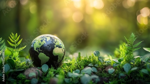 A small globe sits on a bed of moss in a lush green forest with sunlight shining through the leaves.