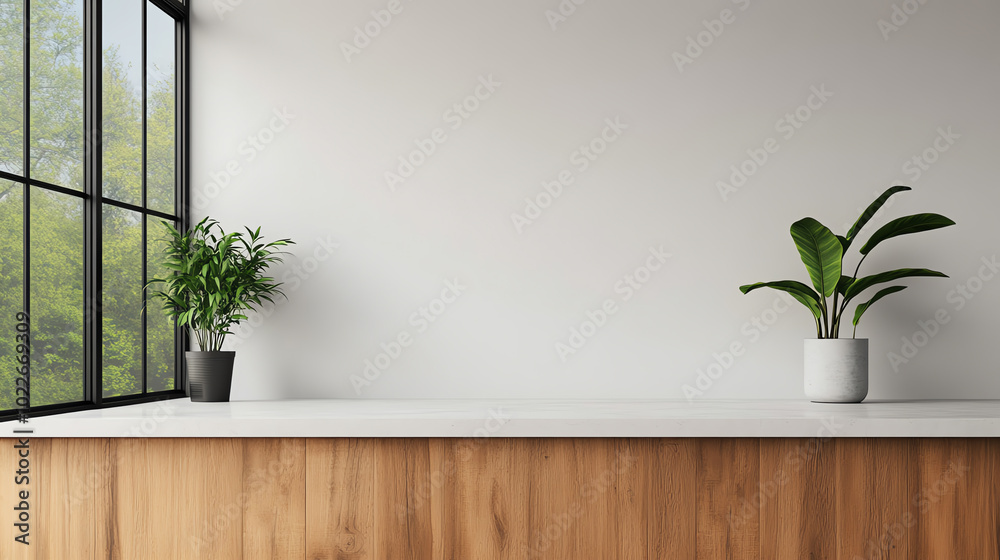 A modern interior space featuring a wooden countertop with minimalist design, adorned by two potted plants and large windows letting in natural light, creating an inviting atmosphe A modern interior space featuring a wooden countertop with minimalist design, adorned by two potted plants and large windows letting in natural light, creating an inviting atmosphe