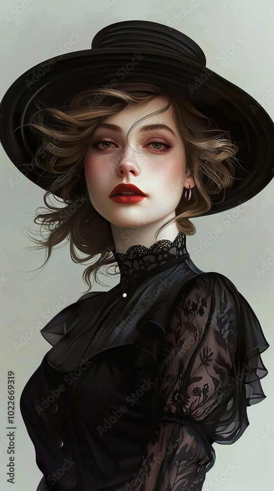 Elegant Woman in Black Dress and Hat - Digital Art Portrait Elegant Woman in Black Dress and Hat - Digital Art Portrait
