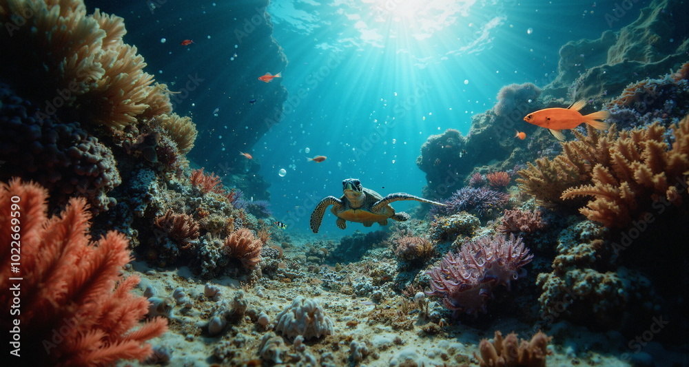 Fototapeta premium Podwodny świat raf koralowych. Grafika przedstawia bogactwo życia kryjące się w oceanach. Widzimy kolorowe rybki i stworzenia wodne. Na pierwszym planie znajduje się żółw morski.