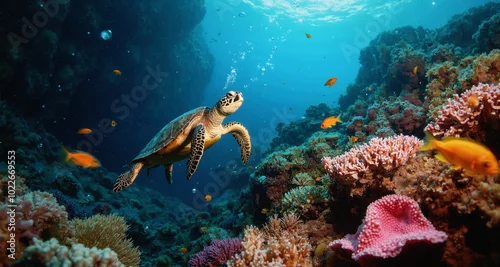 Obraz Podwodny świat raf koralowych. Grafika przedstawia bogactwo życia kryjące się w oceanach. Widzimy kolorowe rybki i stworzenia wodne.  Na pierwszym planie znajduje się żółw morski.