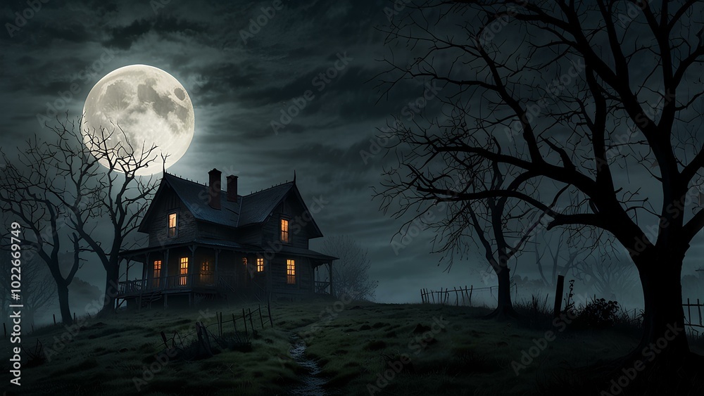 Fototapeta premium Haunted House on a Hill: Eerie Full Moon and Barren Trees in a Spooky Night Scene