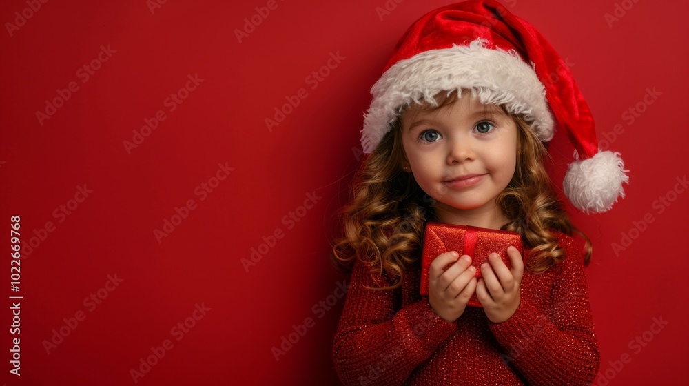 A young girl wearing a red hat and a red dress holding a red box A young girl wearing a red hat and a red dress holding a red box