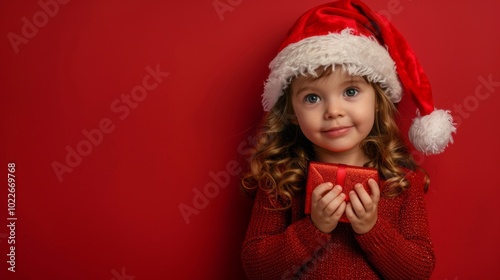 A young girl wearing a red hat and a red dress holding a red box