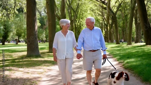 Happy senior couple walking their dog in a sunny park, enjoying retirement and companionship