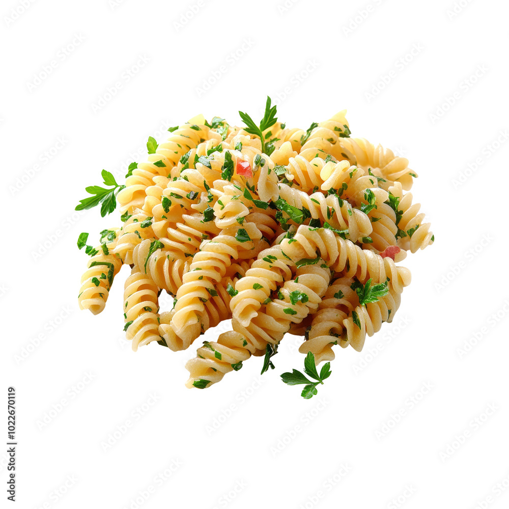 Close-up of cooked fusilli pasta with parsley and red pepper flakes Close-up of cooked fusilli pasta with parsley and red pepper flakes