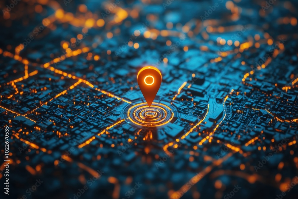 A glowing cityscape with a glowing red dot in the middle A glowing cityscape with a glowing red dot in the middle
