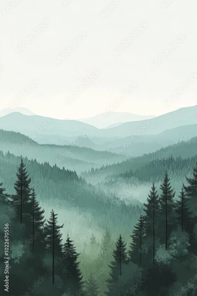 Misty green valleys and towering trees create a serene landscape in a temperate forest during early morning light Misty green valleys and towering trees create a serene landscape in a temperate forest during early morning light