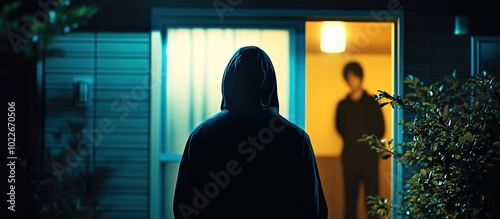The silhouette of a burglar in a dark blue hoodie, breaking into a home at night.
