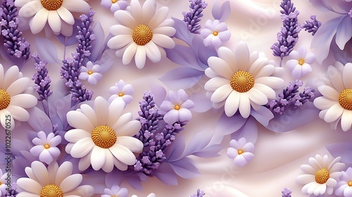 Seamless floral pattern of soft daisies and lavender blossoms, pastel shades of lavender and pale yellow, hd quality, delicate petals and leaves, gentle shadows, smooth textured pastel background,