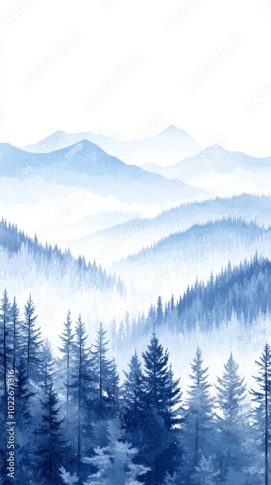 Serene blue mountain landscape with misty valleys and evergreen forests at dawn Serene blue mountain landscape with misty valleys and evergreen forests at dawn