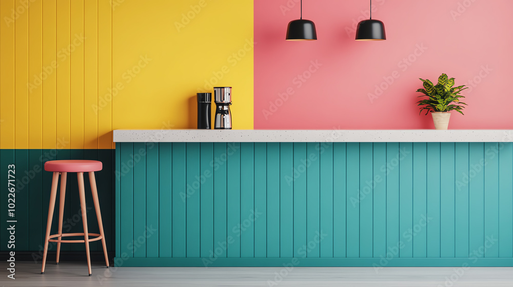 A vibrant kitchen or cafe interior featuring a multi-colored wall design with yellow, pink, and teal accents. A stylish bar counter with a coffee maker and a decorative plant.