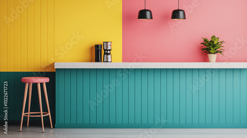 Obraz na płótnie A vibrant kitchen or cafe interior featuring a multi-colored wall design with yellow, pink, and teal accents. A stylish bar counter with a coffee maker and a decorative plant. w salonie